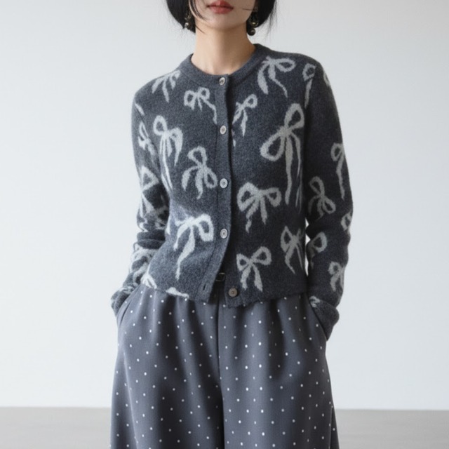 Contrast Ribbon Pattern Cropped Cardigan　ch0246