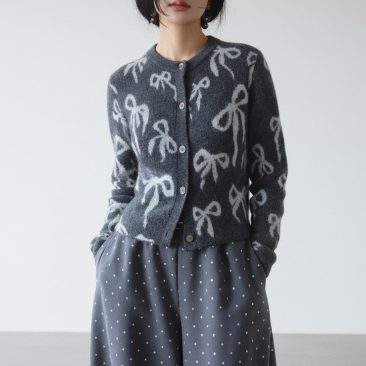 Contrast Ribbon Pattern Cropped Cardigan ch0246