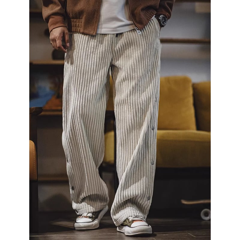 corduroy side-button straight wide-pants A1109