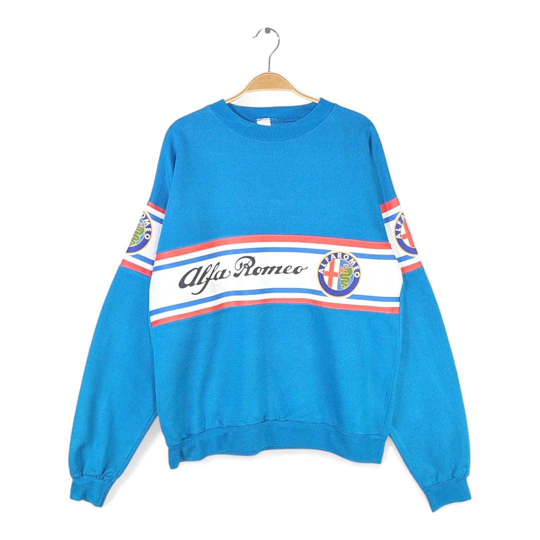 70s 80s アルファロメオ ヴィンテージスウェット イタリア車 企業系 企業ロゴ ALFA ROMEO ブルー サイズL 古着 @CF0954