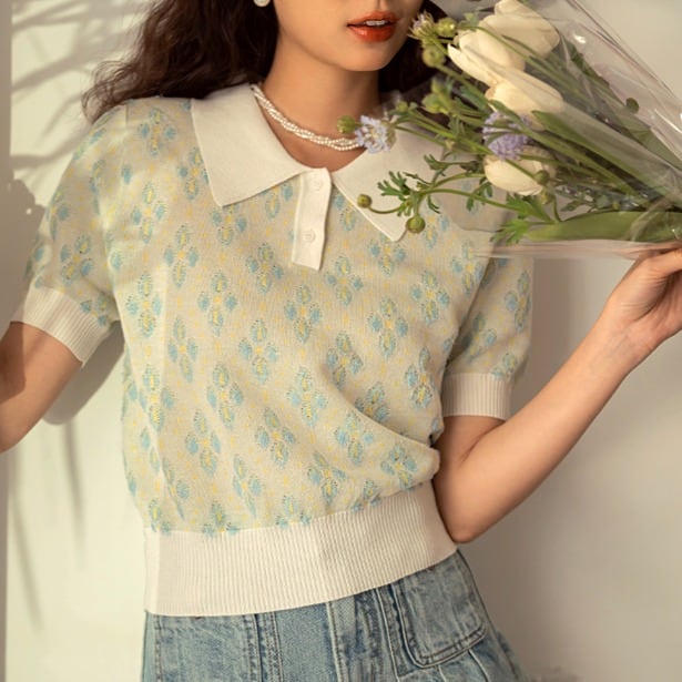 ショートスリーブ クロップド丈ポロカラーニット 00252