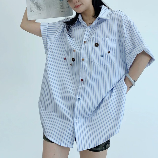 blue stripe multi-button short-sleeve shirt　ブルーストライプマルチボタン半袖シャツ　J2090