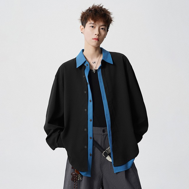 ♥重ね見えシャツ！【NANSHIシリーズ】★シャツ★ ユニセックス 2color 長袖シャツ 大きいサイズ フェイクレイヤード