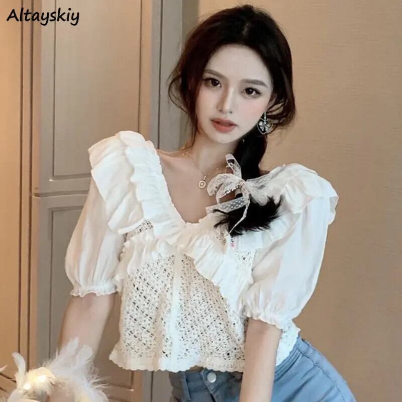 【新作】【送料無料】 ブラウス女性フリル薄型ヴィンテージパフスリーブ夏シックなクロップトップス固体ホットスウィート V ネックファッション韓国スタイルシンプル 0399086997505