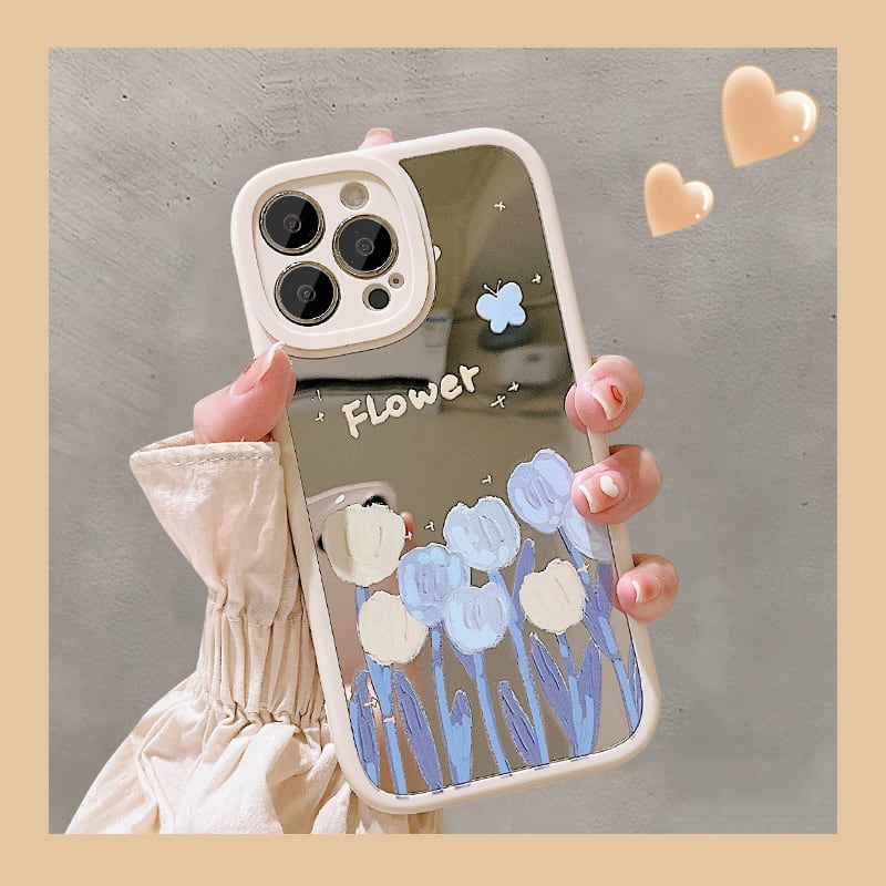 【iPhone15対応】可愛いが詰まってる❤︎鏡面 チューリップ フラワー 淡色 ペイント ミラー フレーム iphone14 スマホケース ND-14618