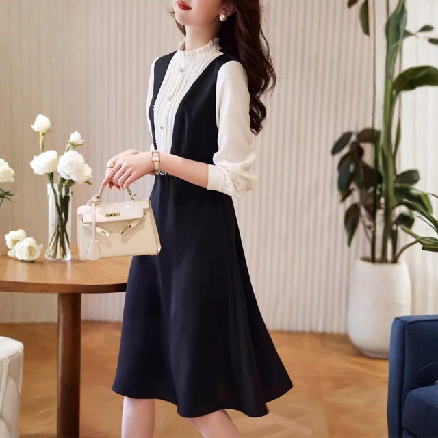 重ね着風プリーツAラインドッキングワンピース  K1035