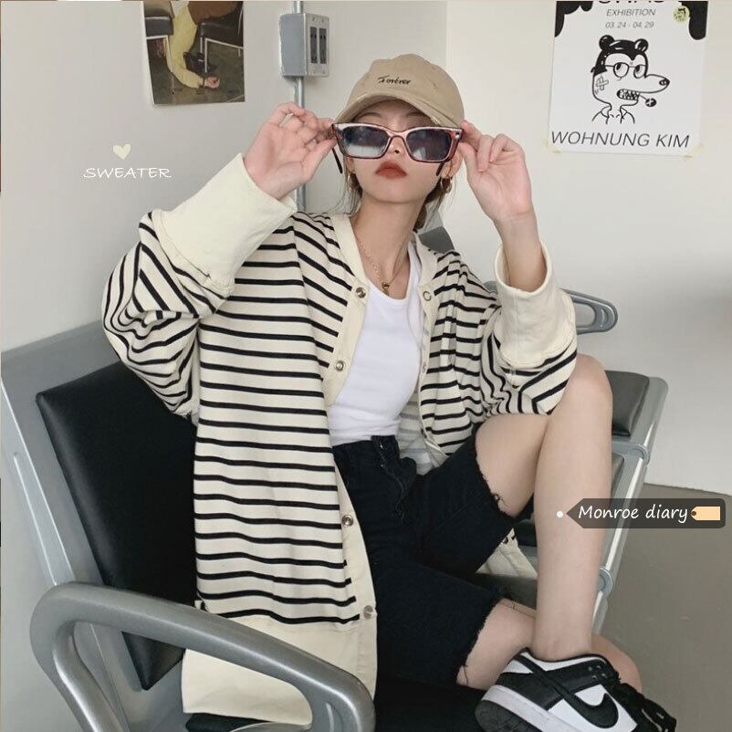 スタイルルーズニットセーター ジャケット オータムストライプトップス ロング 秋物 モンロー89153129074