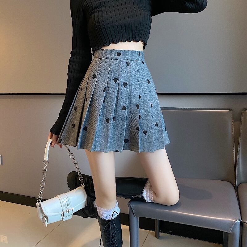 ニットスタンダードプリーツスカート オータムハイウェストウェストAラインショートプリント レトロ 秋物 YY-ファッション2526735663