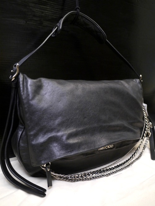 美品20万★JIMMY CHOO ジミーチュウ バイカーチェーン レザー サッチェル トート バッグ 黒★ ユニセックス仕様の大人気なバイカーライン♪