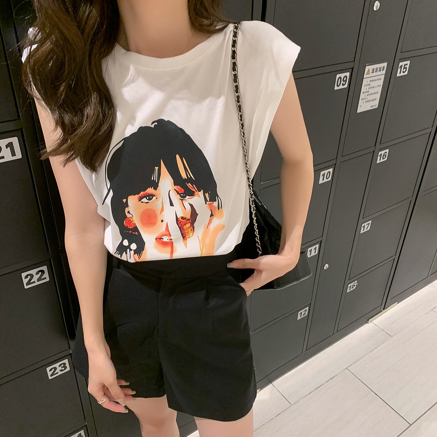 プリント柄ノースリーブTシャツ サマールーズブラックレッドトップス 夏物 6Du_Shop_Women86877465368