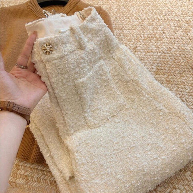 White tweed straight pants　B753