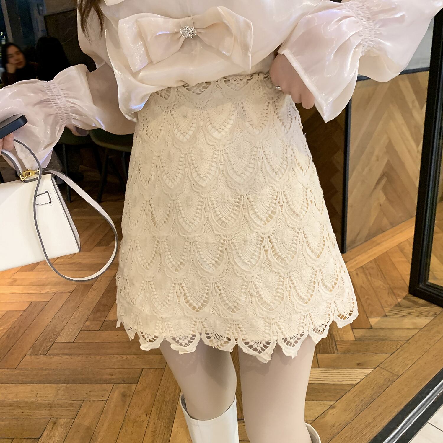 スプリングスタンダードハイウェストレーススカート スリムAライン レトロ 春物 6Du_Shop_Women82974533849