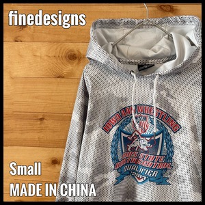 【finedesigns】アーチロゴ レスリング大会 プリント イラスト バックプリント ポリエステル素材 スウェット パーカー プルオーバー フーディー S US古着