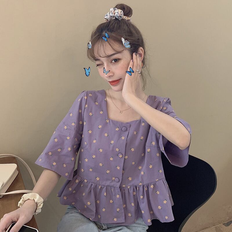 フローラルシャツ カラートップス 花柄 パープル スクウェア 試着室7671087157