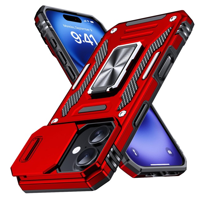 WACJOSD 対応 iPhone 16 用の ケース リング付き スライド式カメラプロテクター 衝撃吸収 PC素材 スタンド機能 赤