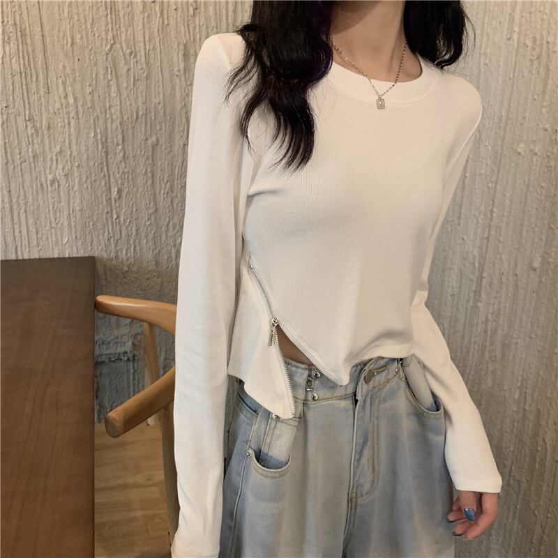 スプリングスタイルスリムシャツ ジッパーショートTシャツ トップス レディース ロング 春物 YY-ファッション37446920255