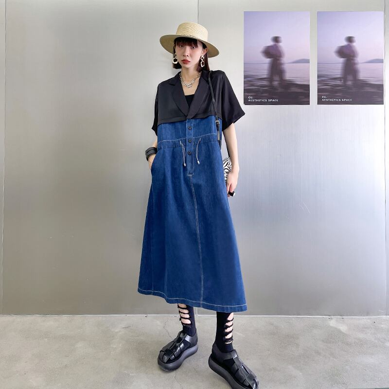 ブルースカート ドレス サマー薄手カラーウェストスリム 夏物 ステッチ ラブタオタオダレンハウス1939109148