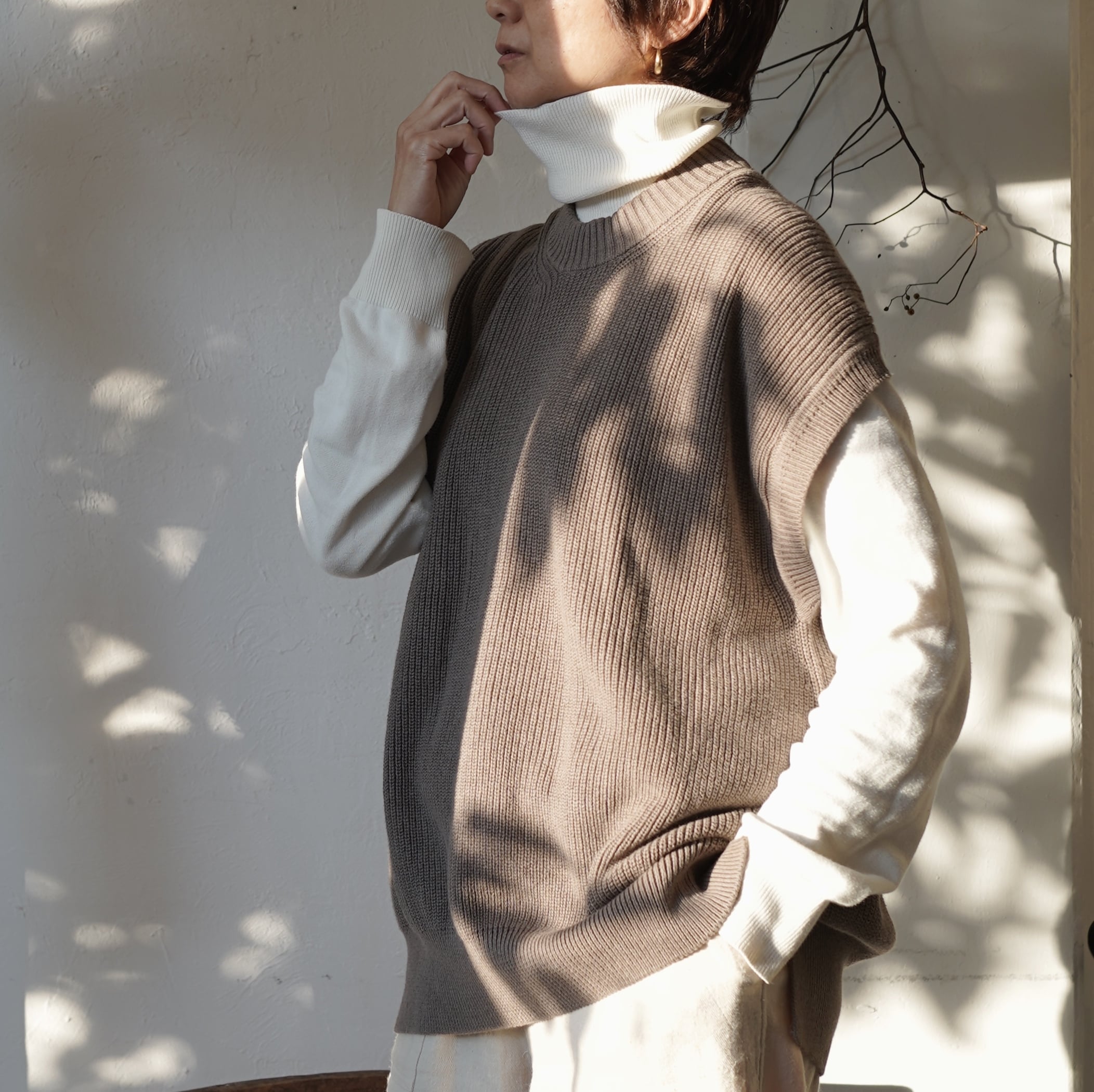 オーガニックコットンニット 片あぜクルーネックベスト/People Tree