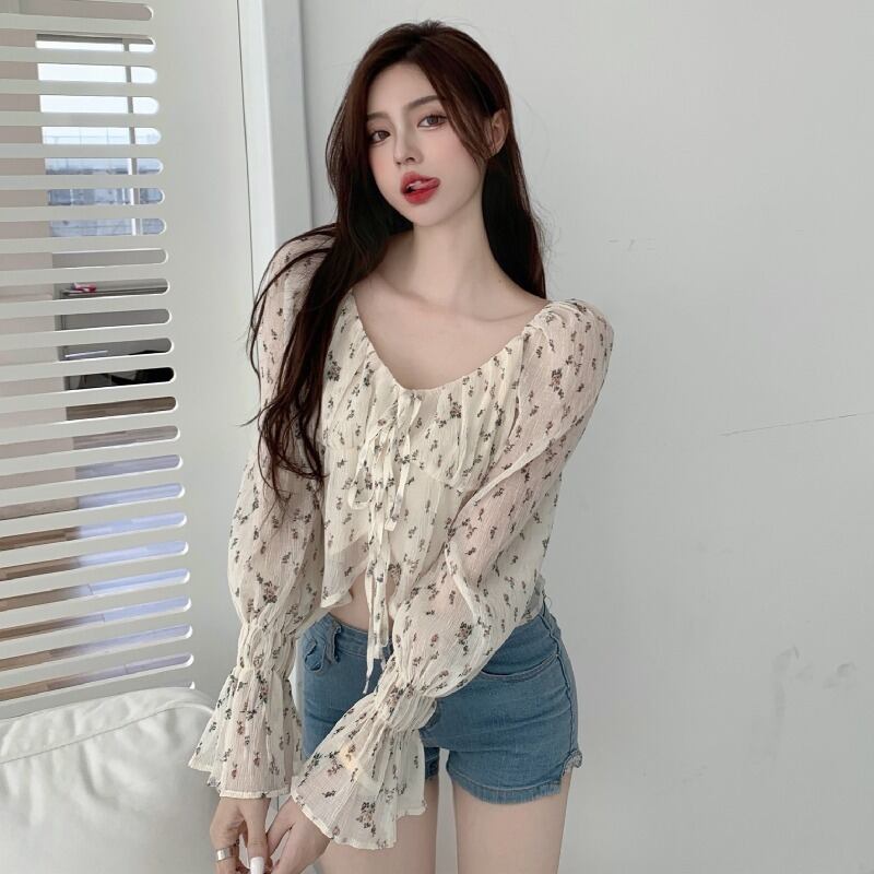 スタイルフローラルシフォンシャツ オータムVネックショートトップス ロング 大人ガーリー スウィート キュート カジュアル 秋物 花柄 ハンチェンe61419057180