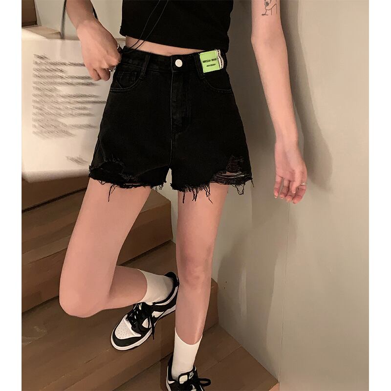 ジーンズ レディースサマー薄手パンツ ブラックAラインショーツ ハイウェストウェストルーズスリム 夏物 ブルマー ブラックストロベリース25938663391