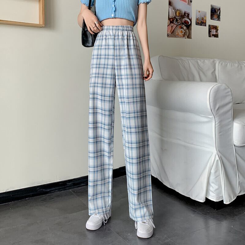 スプリングサマーカジュアルパンツ ハイウェスト薄手格子柄ルーズ 春物 夏物 1号婦人79435943734