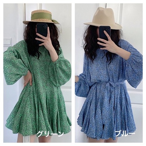 ワンピース レディース ハイウエスト かわいい 体型カバー 夏 大きいサイズ ゆったり フリルスカート ミニワンピース オーガスト シック 夏 フレンチ シフォン 長袖 花柄 ワン ピース