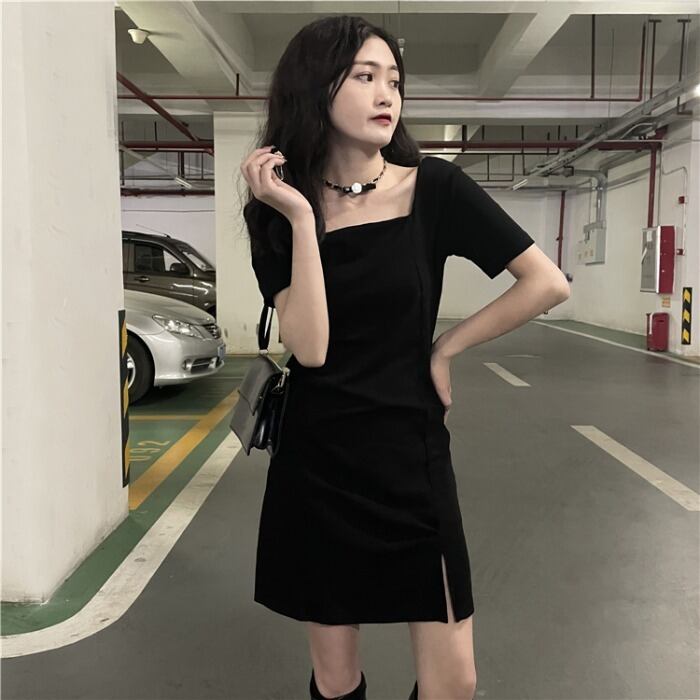 ショートドレス スタイル薄手カラーブラックスタンダードサマー レトロ 夏物 スクウェア YY-ファッション87523756197
