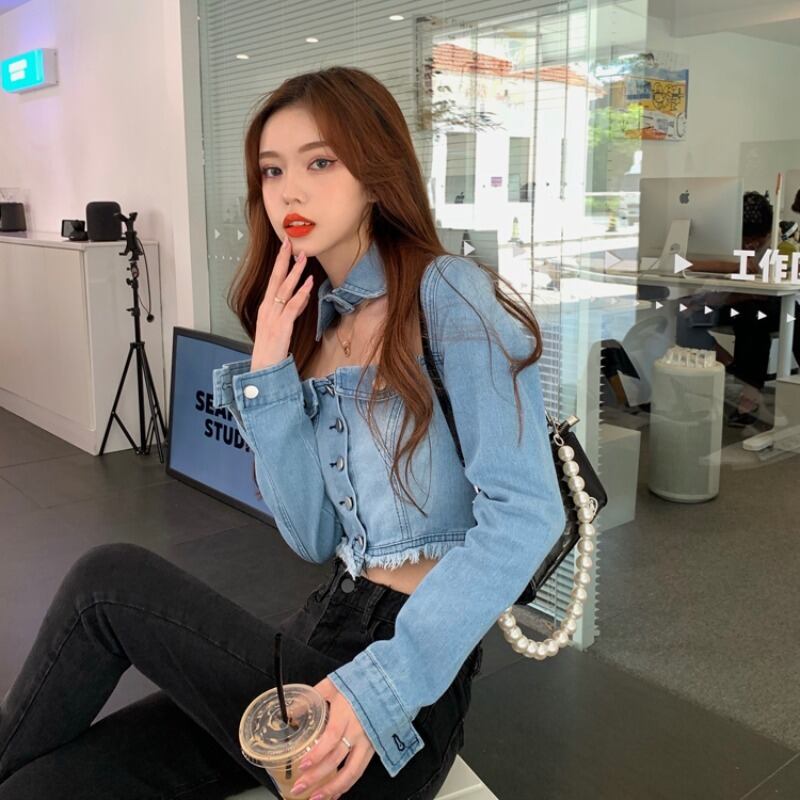 センスニッチスリム擦り切れデニムジャケット2020秋ニューショートイントレンディブルートップレディース ブラックストロベリース60017709448