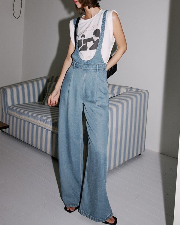 Front tuck wide denim overalls TH3455 | Leithy