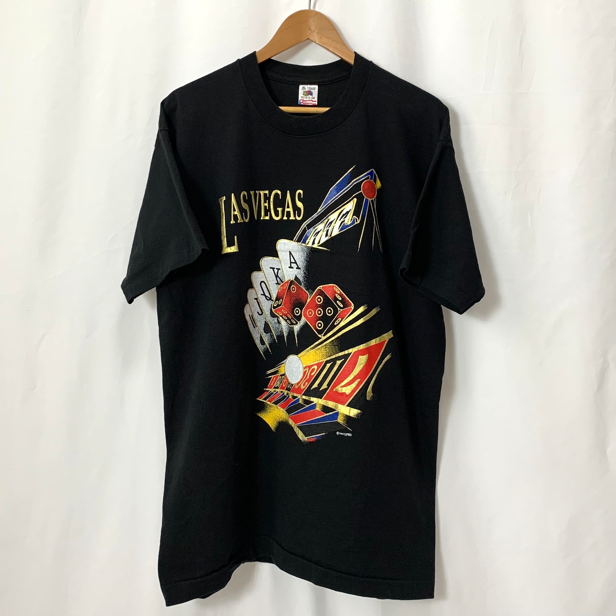 vintage 90s print T-shirt FRUIT OF THE LOOM MADE IN USA LAS VEGAS プリントTシャツ  フルーツオブザルーム アメリカ製 ラスベガス メンズ レディース ブラック 黒 size XL ビンテージ ヴィンテージ