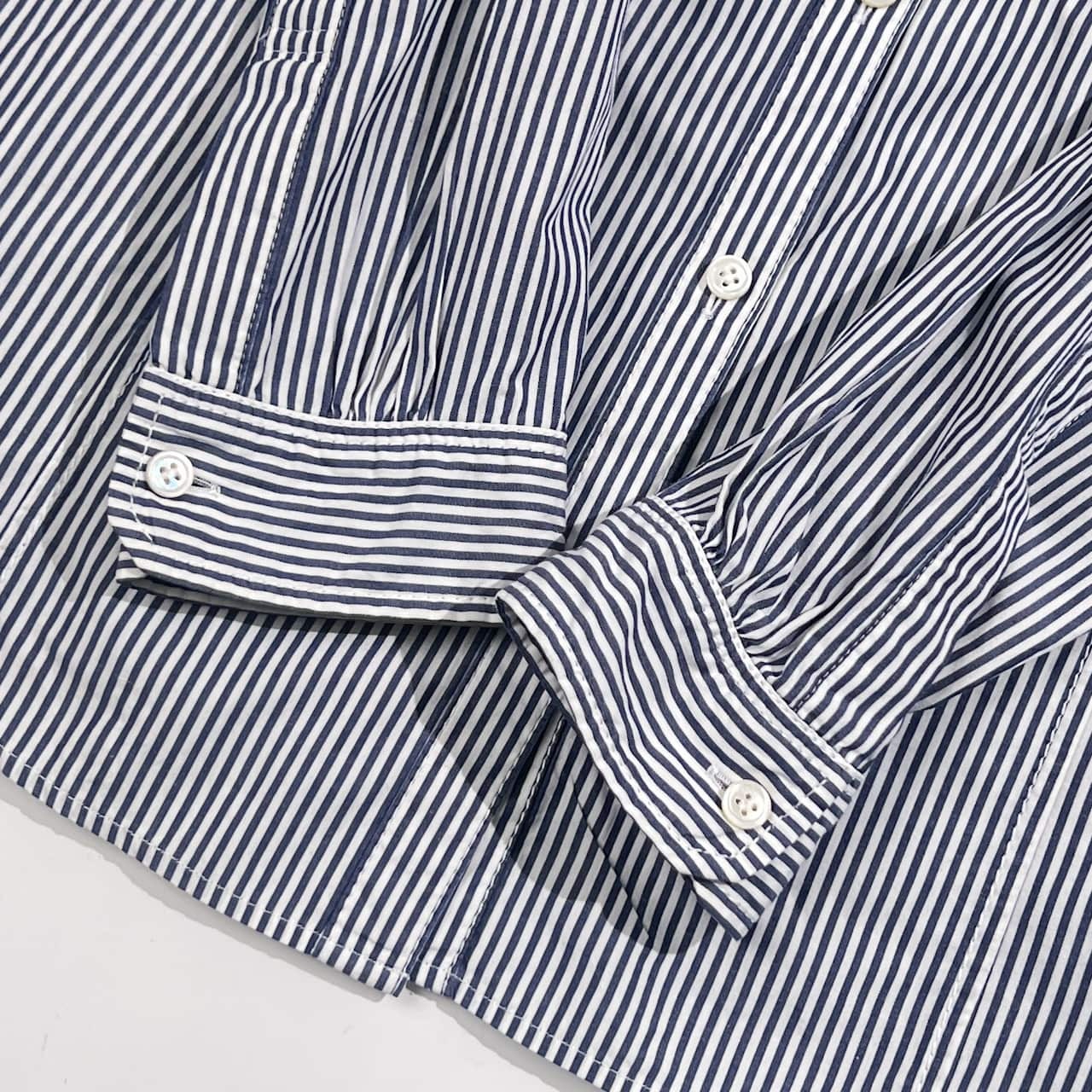 TOMORROWLAND トゥモローランド ストライプ フリル バンドカラー 長袖 シャツ ブラウス 38/ネイビー系 レディース オフィス