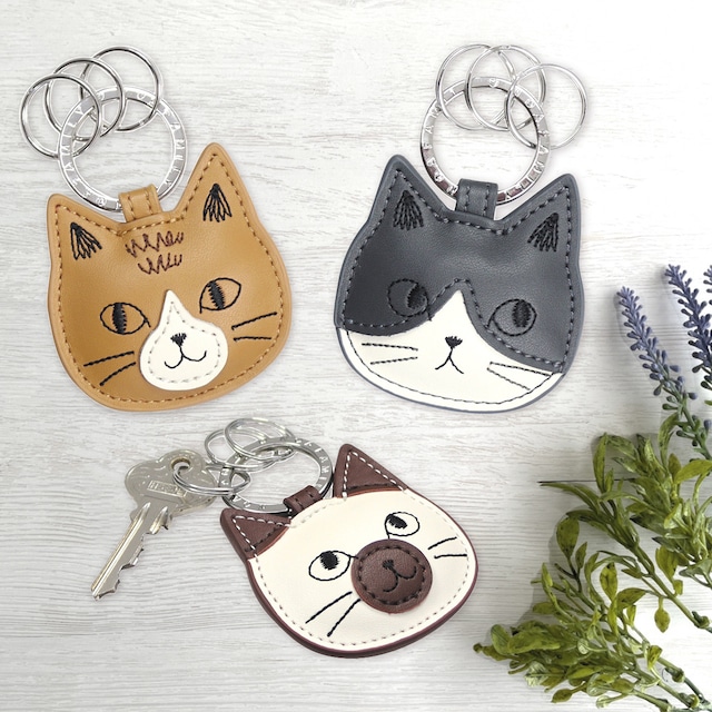 猫柄 キーリング キーホルダー 牛革 レザー かわいい ねこ にゃんとも 猫グッズ