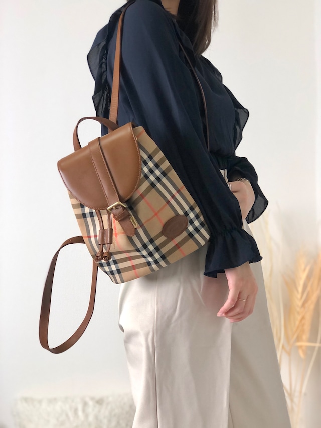 BURBERRY バーバリー クラシックチェック フロントバックル レザー キャンバス リュック バックパック ベージュ vintage ヴィンテージ オールド x6idrn