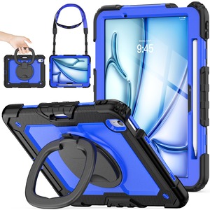 【人気】SEYMAC stock iPad Air(M3/M2) 11インチ（2025/2024）リングハンドル耐衝撃ケース 保護フィルム付き前面カバー ペン収納 360°回転リングハンドルスタンド ショルダーストラップ iPad Air 11 第7/6世代専用型（ブルー）