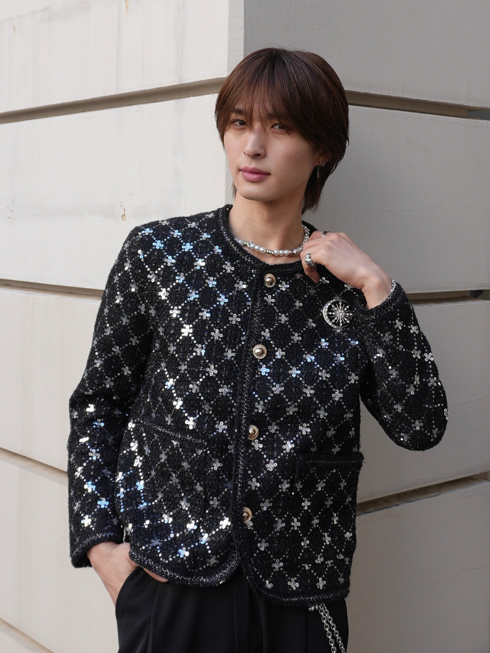 ALUDE SELECT】 nocollar lame tweed jacket(3color) | 【ALUDE】韓国