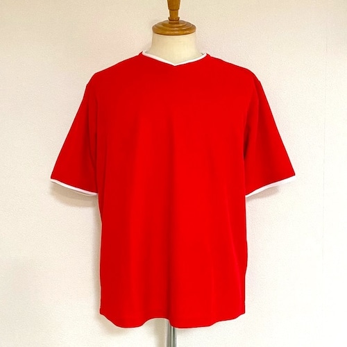 Cord Waffle Fake Layered V-neck T-shirts　Red