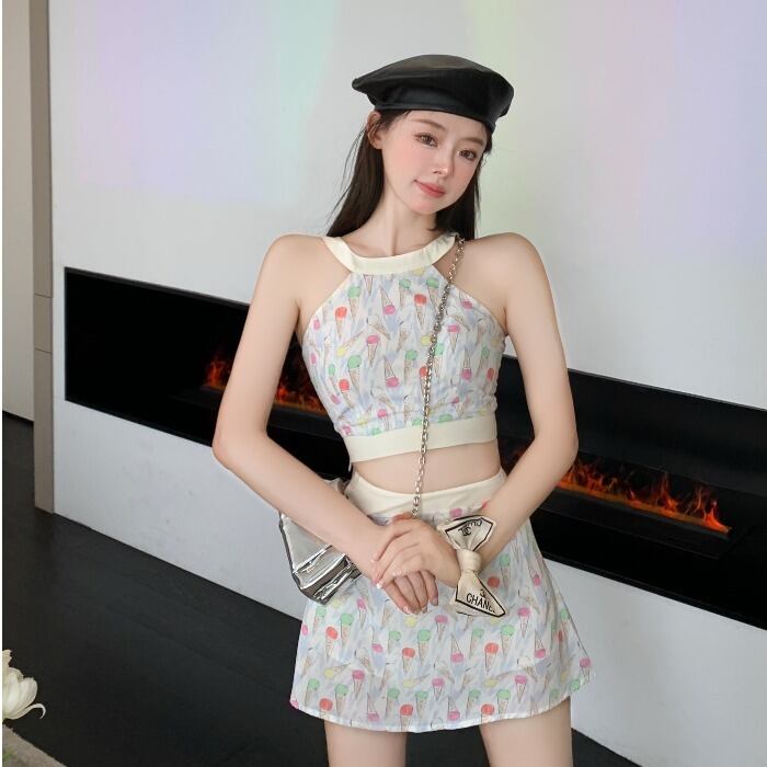 スタイルプリントトップス ハイウェストウェストショートスカート サマーレディース 大人ガーリー スウィート キュート カジュアル 夏物 ドラファッションホール54473272570