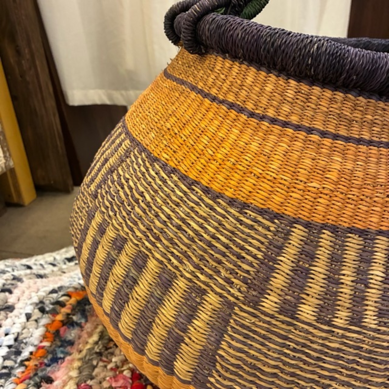 Burkina Faso Bolga Basket Pot　ブルキナファソ　ボルガバスケット　ポット　E　アフリカ　カゴ　籠　ワンハンドル　インテリア収納　1点もの　グルスィバスケット　ブルキナバスケット