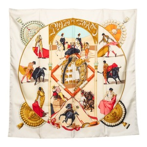 エルメス カレ90 PLAZA DE TOROS 闘牛場 スカーフ アイボリー マルチカラー シルク レディース HERMES 【中古】
