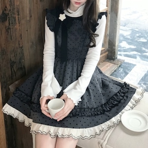 【2点セット】メロウハイネックトップス+レースフリルリボンドットジャンスカ ・79187 【2点セット】メロウハイネックトップス+レースフリルリボンドットジャンスカ ・79187