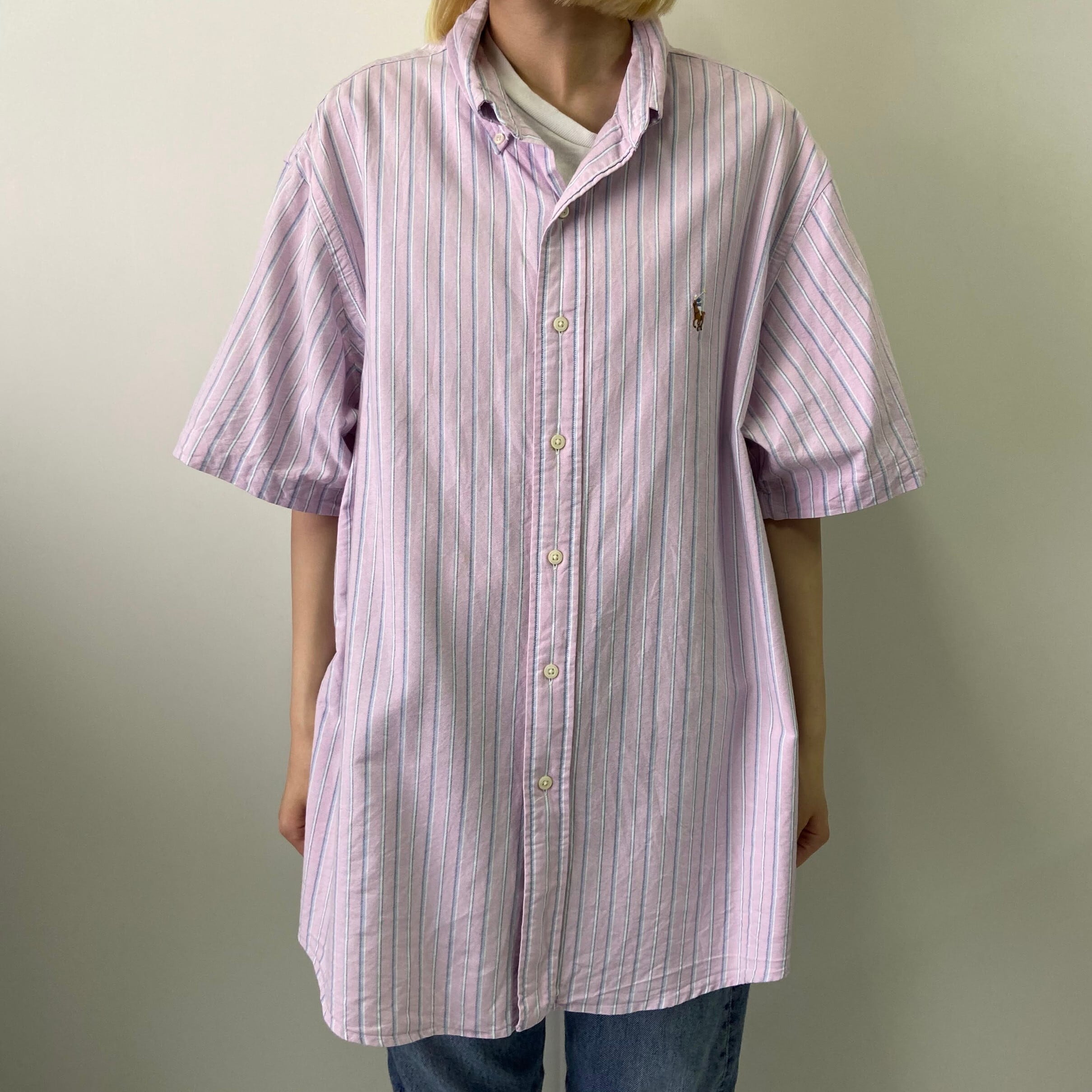 【人気】ポロラルフローレン　BD半袖シャツ　刺繍ロゴ　マルチカラーストライプ　M