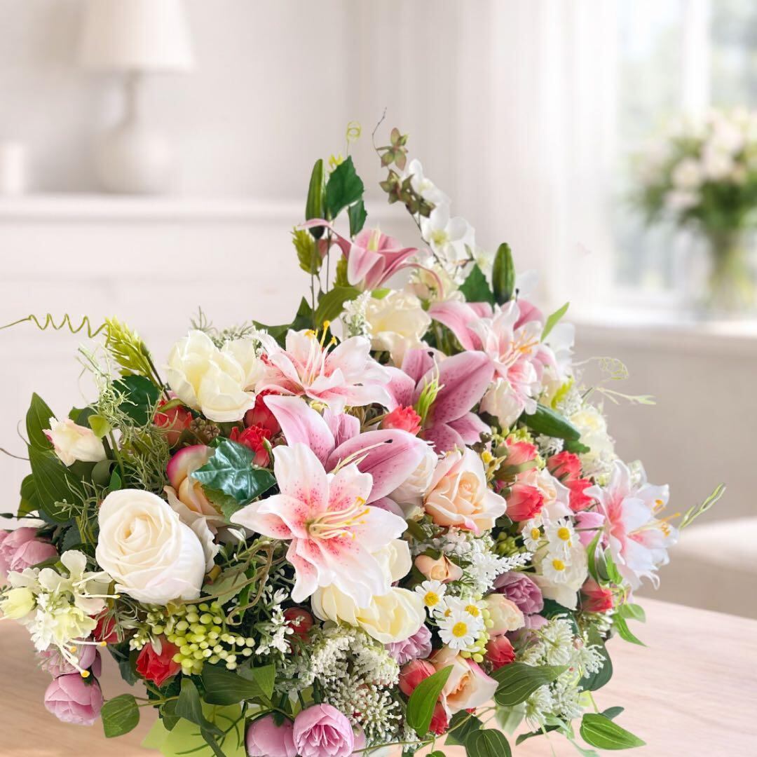 光触媒「至福のプレステージ・バスケット」特大62cm 百合と薔薇 豪華
