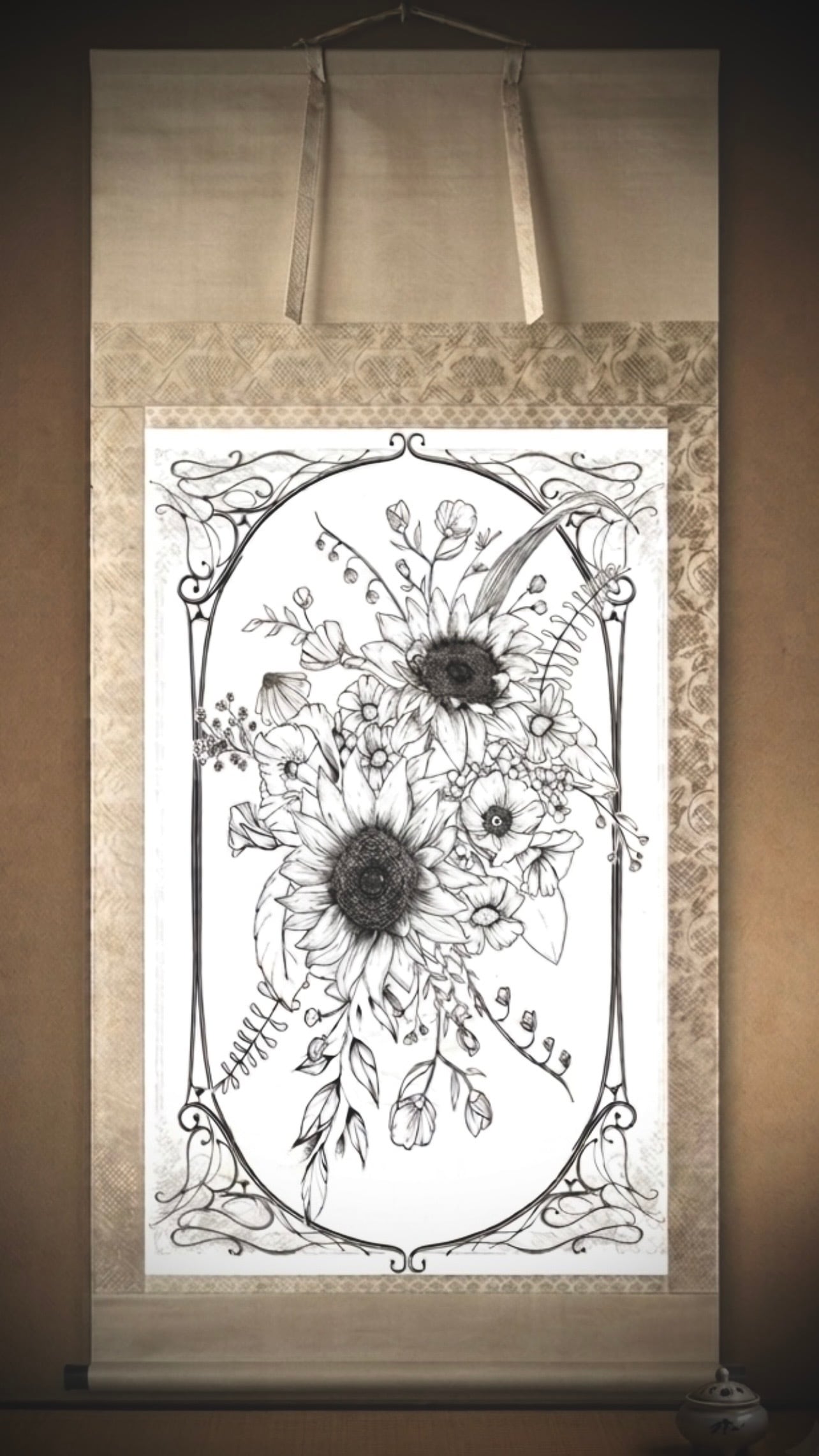 掛け軸 Sunflower ひまわり タトゥーデザイン 掛け軸, 日本美術工芸品