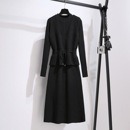 セットアップ ワンピース ベスト ニットワンピ レディース 2点セット 膝丈 無地 大人可愛い ガーリー カジュアル 長袖 韓国 通勤 通学 デート Aライン 上品