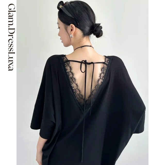 Back Lace リボンルーズトップス_T1084