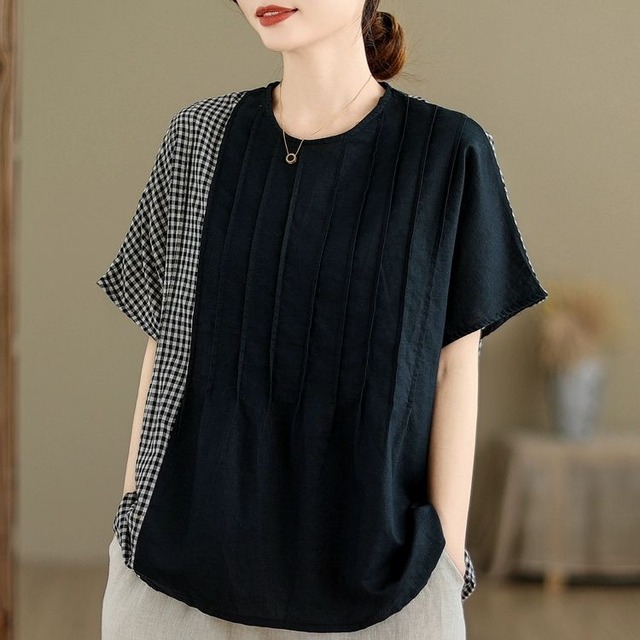 CONTRAST STITCH PLEATED LINE ROUND NECK HALF SLEEVES DESIGN TOP 2colors M-9184