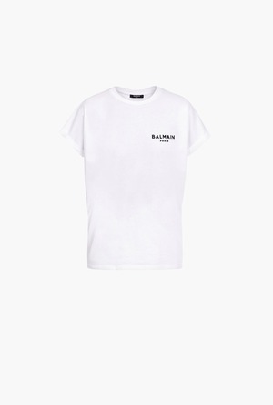 【BALMAIN】ホワイト エコデザイン コットン Tシャツ ブラック Balmainフロックロゴ