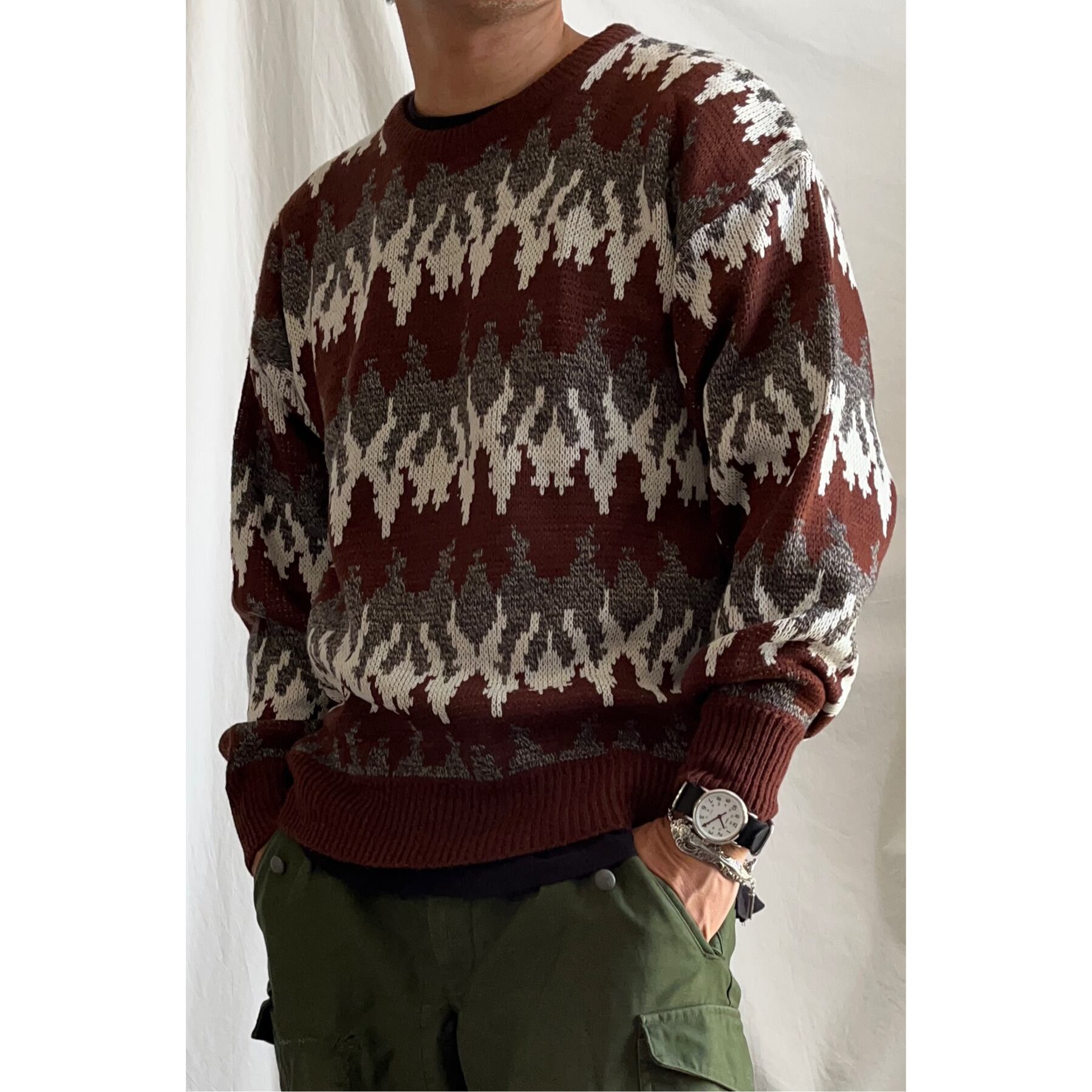 古着 ニット セーター 90s レトロ Jolly Compa ファイヤーパターン オーバーサイズ メンズ 長袖 古着 屋antenna 出張の為 発送は12 2再開