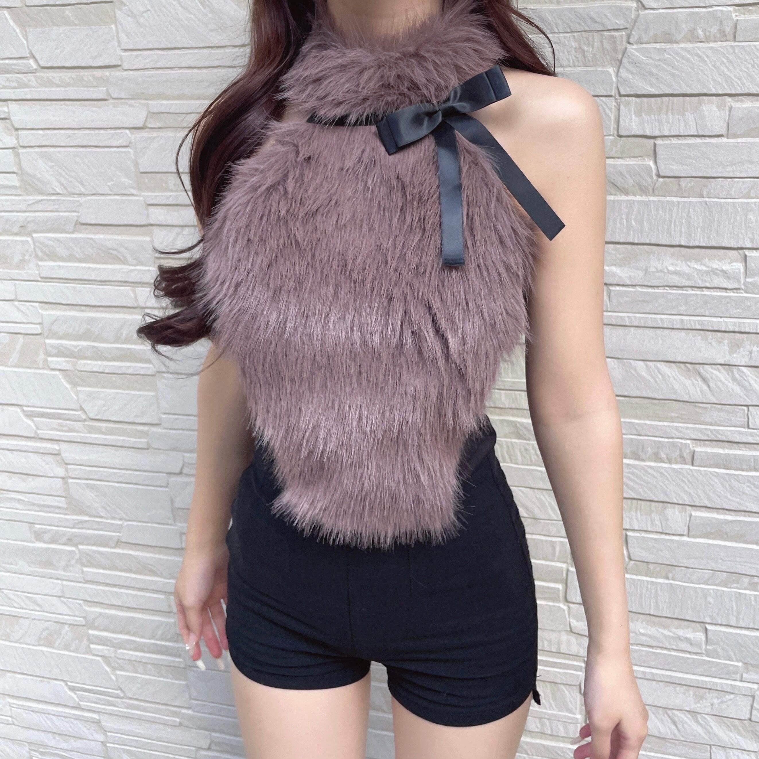 リボンbrownファーホルターネックトップス | selectshop elmyu