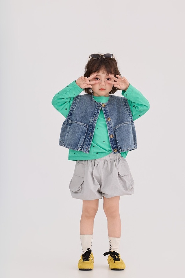 デカポケデニムベスト（ブルー）BOBI 2026春｜90-150cm｜トップス｜ジレ｜重ね着 ［取寄］
